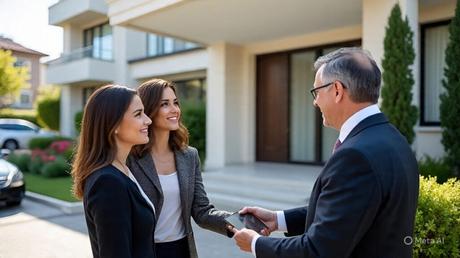 Agente inmobiliario finalizando la venta exitosa de una casa de lujo en un barrio privado de Nordelta, Zona Norte de Buenos Aires. La propiedad tiene un jardín impecable y una fachada moderna.