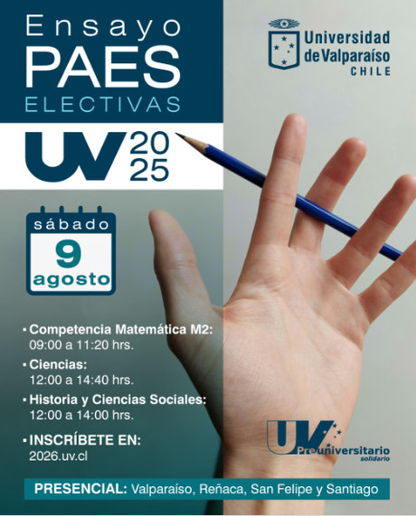 Invitación para los 4° medios al Ensayo PAES Electivas UV 2025, organizado por la Universidad de Valparaíso. Invitación para los 4° medios al Ensayo PAES Electivas UV 2025, organizado por la Universidad de Valparaíso.