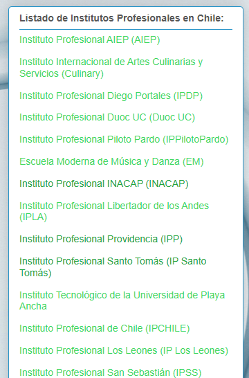 Se comparte el Listado de los 28 Institutos Profesionales existentes en Chile con sus respectivos enlaces directos, versión 2025.