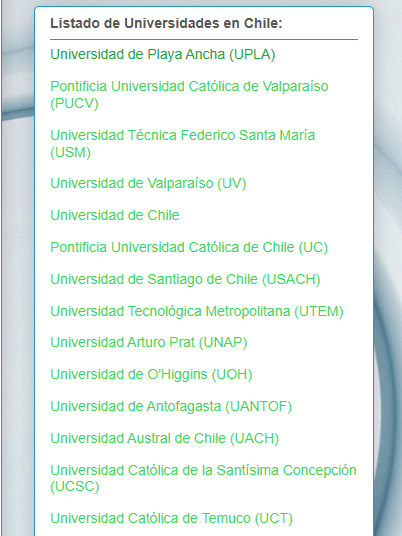 Se comparte el Listado de las 51 Universidades existentes en Chile con sus respectivos enlaces directos, versión 2025. Se comparte el Listado de las 51 Universidades existentes en Chile con sus respectivos enlaces directos, versión 2025.