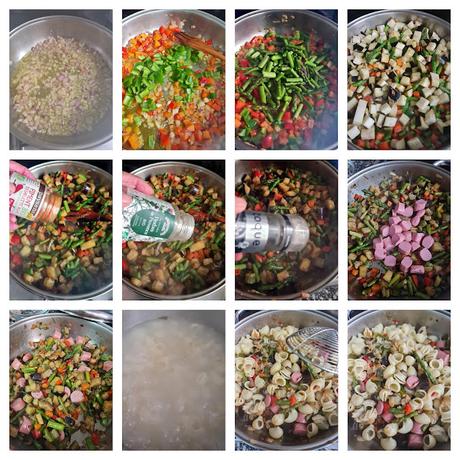 Pasta con verduras y salchichas