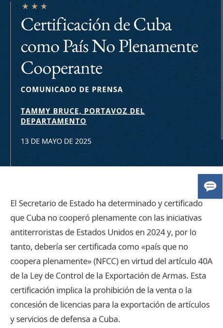 Cuba, otra vez calificada de terrorista por Estados Unidos