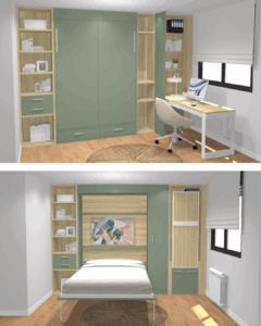 Proyecto 3D de habitación de invitados con cama abatible