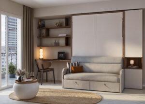 Cama abatible con sofá en tendencia de decoración para dormitorios en 2025