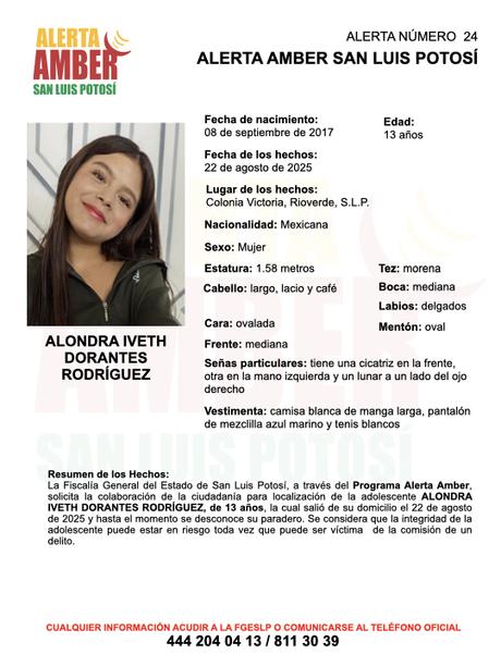 Fiscalía emite Alerta Amber por la desaparición de Alondra de 13 años en Rioverde