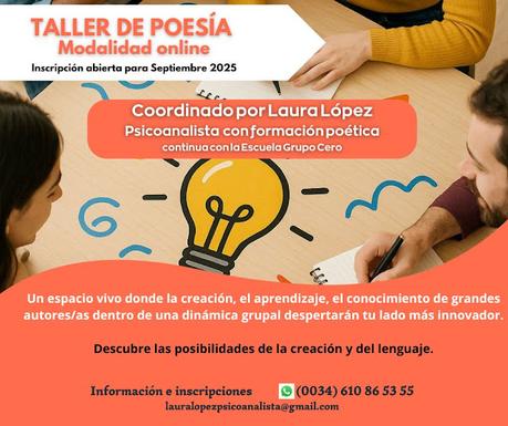 TALLER DE POESÍA, TALLER DE ESCRITURA. PLAZO DE INSCRIPCIÓN ABIERTO PARA EL CURSO 2025-26