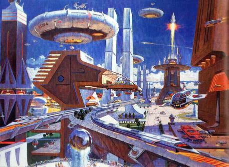 Retro-futuristic depiction of a city emphasizing advanced transportation and innovative design
