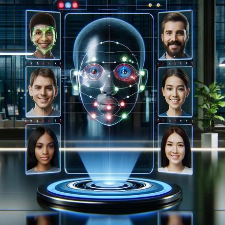 Illustration of AI facial recognition and analysis of diverse faces