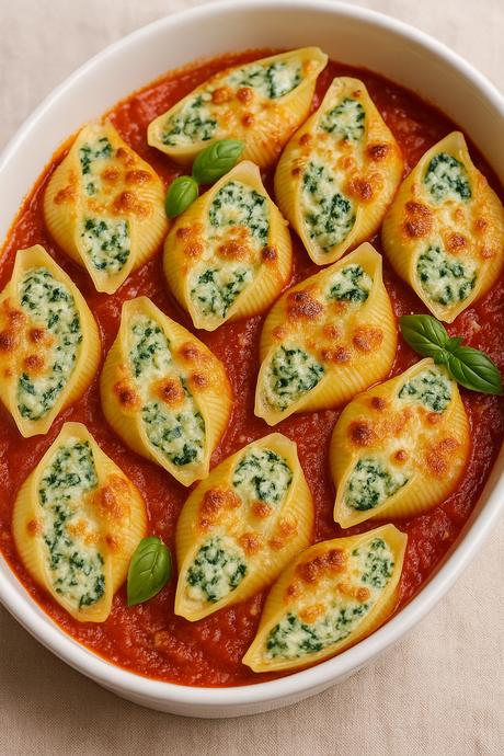 conchiglioni rellenos de ricotta y espinaca gratinados con salsa de tomate