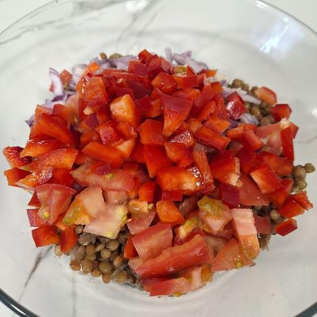 Ensalada de lentejas de tierra de campos con sepia y verduras