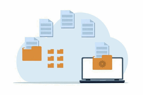 El concepto innovador de la Carpeta Vinculada Dataprius Muchos documentos transferidos entre un portátil y carpetas en la Nube.