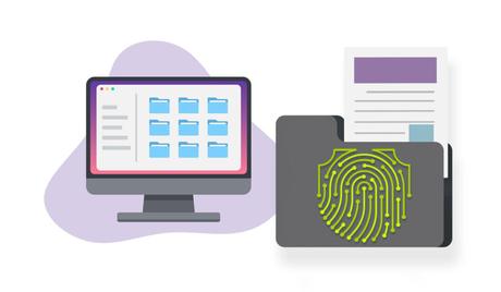 Ilustración de PC con lista de carpetas. hay una carpeta con un documento y la huella se muestra ilustrada sobre la carpeta.