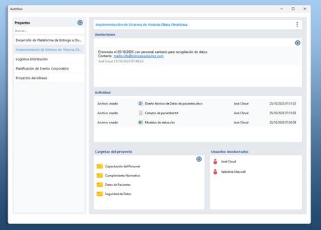 Ventana de proyectos en Autoflow de Dataprius.