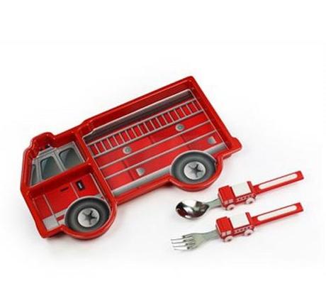 Vajilla y cubiertos camión de bomberos y patrulla de policía para niños