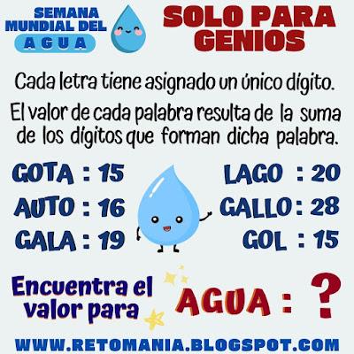 SOLO PARA GENIOS Agua, Día del Agua, Semana Mundial del Agua, Acertijos, Desafíos matemáticos, Problemas matemáticos, Retos matemáticos, Solo para Genios, Retos Solo para Genios, Retos mentales, Juegos mentales, Juegos de aprendizaje, Retos virales, Aprender jugando, Juegos en el Aula, Matemáticas Divertidas, Matemáticas Recreativas, MateRecreativas, Retos visuales, Juegos de Palabras, Retos Solo para Genios