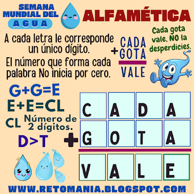 ALFAMÉTICAS Agua, Día del Agua, Semana Mundial del Agua, Acertijos, Desafíos matemáticos, Problemas matemáticos, Retos matemáticos, Solo para Genios, Retos Solo para Genios, Retos mentales, Juegos mentales, Juegos de aprendizaje, Retos virales, Aprender jugando, Juegos en el Aula, Matemáticas Divertidas, Matemáticas Recreativas, MateRecreativas, Retos visuales, Juegos de Palabras, Suma de letras, Suma de palabras, CriptoSuma, CriptoAritmética, Alfamética