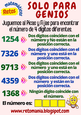 Acertijos, Acertijos numéricos, Acertijos matemáticos, Desafíos matemáticos, Retos matemáticos, Problemas matemáticos, Problemas de lógica, Problemas de ingenio, Retos mentales, Retos virales, Retos visuales, Juegos mentales, De Vuelta al Cole, De Vuelta a Clases, De Regreso a Clases, Picas y Fijas, Descubre el número, Juegos de números