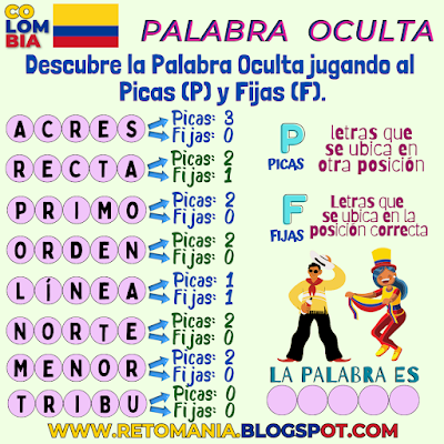 Independencia, Independencia de Colombia, Día de la Independencia, Fiesta Patria, Juegos de palabras, Acertijos, Retos matemáticos, Desafíos matemáticos, Problemas matemáticos, Retos mentales, Juegos mentales, Aprender jugando, Jugando aprendo, Palabra Oculta, Picas y Fijas, Palabra escondida