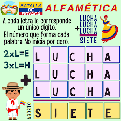 Fiestas Patrias, Batalla de Boyacá, 7 de agosto, Desafíos matemáticos, Retos matemáticos, Problemas matemáticos, Retos mentales, Juegos mentales, Acertijos, Retos virales, Retos visuales, CriptoAritmética, CriptoSuma, Suma de Letras, Suma de Palabras, Alfamética