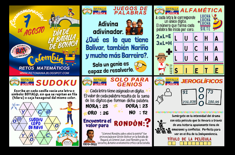 Fiestas Patrias, Batalla de Boyacá, 7 de agosto, Desafíos matemáticos, Retos matemáticos, Problemas matemáticos, Retos mentales, Juegos mentales, Acertijos, Retos virales, Retos visuales, Problemas de lógica, Solo para Genios, Jeroglíficos, Jeroglíficos Escolares, Alfaméticas, CriptoAritmética, Juegos de Palabras, Adivinanzas, Sudoku, Sudoku Escolar