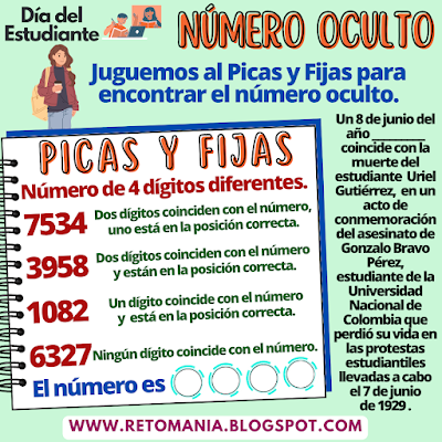 Día del Estudiante, Día del Alumno, Juegos matemáticos, Retos matemáticos, Desafíos matemáticos, Problemas matemáticos, Juegos mentales, Juegos educativos, Retos virales, Reto mental, Aprender jugando, Jugando aprendo, Picas y Fijas, Juegos de números, Busca el número, Descubre el número, El número oculto