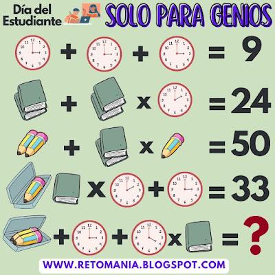 Día del Estudiante, Día del Alumno, Juegos matemáticos, Retos matemáticos, Desafíos matemáticos, Problemas matemáticos, Juegos mentales, Juegos educativos, Retos virales, Reto mental, Aprender jugando, Jugando aprendo, Juegos de Palabras, Acertijo, Acertijos visuales, Retos visuales, Descubre el número, Descubre el resultado, Solo para Genios