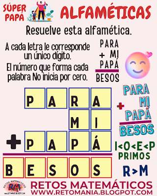 ALFAMÉTICA Día del Padre, Día de Papá, Retos matemáticos, Desafíos matemáticos, Problemas matemáticos, Retos mentales, Retos visuales, Retos virales, Juegos en el aula, Aprender jugando, Jugando aprendo, Juegos de Palabras, Suma de Letras, Suma de Palabras, Alfamética, CriptoAritmética, CriptoSuma, CriptoGrama
