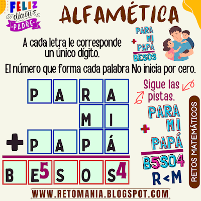 ALFAMÉTICA Desafíos matemáticos, Problemas matemáticos, Retos matemáticos, Retos visuales, Retos mentales, Acertijos mentales, Juegos de Palabras, Suma de Palabras, Suma de Letras, CriptoAritmética, CriptoSuma, Día del Padre, Día de Papá