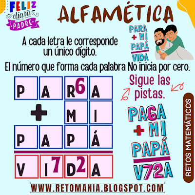 ALFAMÉTICA Desafíos matemáticos, Problemas matemáticos, Retos matemáticos, Retos visuales, Retos mentales, Acertijos mentales, Juegos de Palabras, Suma de Palabras, Suma de Letras, CriptoAritmética, CriptoSuma, Día del Padre, Día de Papá