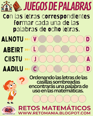 Desafíos matemáticos, Retos matemáticos, Problemas matemáticos, Retos mentales, Retos virales, Retos visuales, Acertijos, Acertijos matemáticos, Acertijos mentales, Acertijos visuales, ReliMates, Las matemáticas de Dios, Juegos de Palabras, Juegos de Letras, BuscaPalabras, Palabra oculta