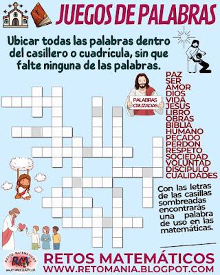 Desafíos matemáticos, Retos matemáticos, Problemas matemáticos, Retos mentales, Retos virales, Retos visuales, Acertijos, Acertijos matemáticos, Acertijos mentales, Acertijos visuales, ReliMates, Las matemáticas de Dios, Juegos de Palabras, Juegos de Letras, Armapalabras, BuscaPalabras, Palabra oculta, CruzaPalabras, Palabras cruzadas, Cruzada Matemática