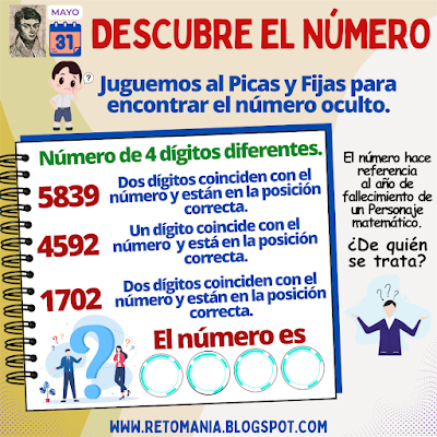 Desafíos matemáticos, Retos matemáticos, Problemas matemáticos, Retos mentales, Retos visuales, Galois, Grandes Matemáticos, Genios Matemáticos, Matemática Recreativa, MateRecreativa, Descubre el Número, Picas y Fijas, El número oculto, Juegos de números