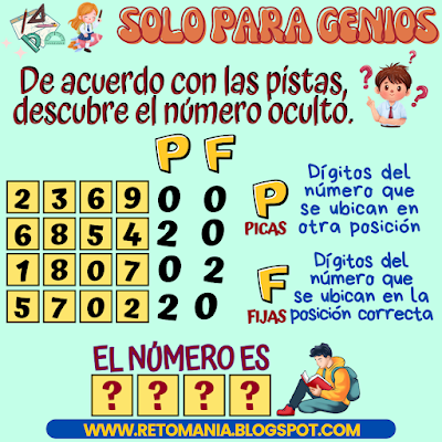 Desafíos matemáticos, Retos matemáticos, Problemas matemáticos, Juegos con números, Retos mentales, Retos visuales, Retos virales, Acertijos, Acertijos numéricos, Aprender jugando, Gimnasia matemática, Gimnasia para el cerebro, Picas y Fijas, Descubre el número, El número oculto, Solo para Genios