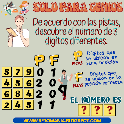 Desafíos matemáticos, Retos matemáticos, Problemas matemáticos, Juegos con números, Retos mentales, Retos visuales, Retos virales, Acertijos, Acertijos numéricos, Aprender jugando, Gimnasia matemática, Gimnasia para el cerebro, Picas y Fijas, Descubre el número, El número oculto, Solo para Genios