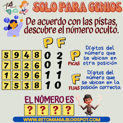 Desafíos matemáticos, Retos matemáticos, Problemas matemáticos, Juegos con números, Retos mentales, Retos visuales, Retos virales, Acertijos, Acertijos numéricos, Aprender jugando, Gimnasia matemática, Gimnasia para el cerebro, Picas y Fijas, Descubre el número, El número oculto, Solo para Genios
