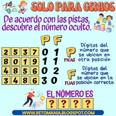 Desafíos matemáticos, Retos matemáticos, Problemas matemáticos, Juegos con números, Retos mentales, Retos visuales, Retos virales, Acertijos, Acertijos numéricos, Aprender jugando, Gimnasia matemática, Gimnasia para el cerebro, Picas y Fijas, Descubre el número, El número oculto. Solo para Genios