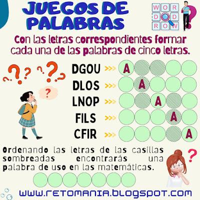 JUEGOS DE PALABRAS Retos Matemáticos, Desafíos Matemáticos, Juegos de Palabras, Palabras Ocultas, Busca palabras, Juegos de Letras, Juegos mentales, Juegos virales, Acertijos, Acertijos mentales, Acertijos visuales, Aprender jugando