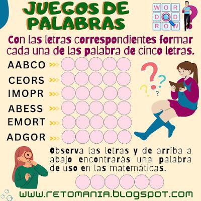 JUEGOS DE PALABRAS Retos Matemáticos, Desafíos Matemáticos, Juegos de Palabras, Palabras Ocultas, Busca palabras, Juegos de Letras, Juegos mentales, Juegos virales, Acertijos, Acertijos mentales, Acertijos visuales, Aprender jugando
