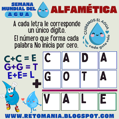 Agua, Día del Agua, Semana Mundial del Agua, Acertijos, Desafíos matemáticos, Problemas matemáticos, Retos matemáticos, Solo para Genios, Retos Solo para Genios, Retos mentales, Juegos mentales, Juegos de aprendizaje, Retos virales, Aprender jugando, Juegos en el Aula, Matemáticas Divertidas, Matemáticas Recreativas, MateRecreativas, Juegos de Palabras, CriptoAritmética, Suma de letras, Suma de Palabras, CriptoSuma, CriptoGrama