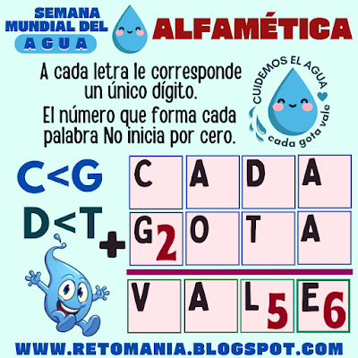 Agua, Día del Agua, Semana Mundial del Agua, Acertijos, Desafíos matemáticos, Problemas matemáticos, Retos matemáticos, Solo para Genios, Retos Solo para Genios, Retos mentales, Juegos mentales, Juegos de aprendizaje, Retos virales, Aprender jugando, Juegos en el Aula, Matemáticas Divertidas, Matemáticas Recreativas, MateRecreativas, Juegos de Palabras, CriptoAritmética, Suma de letras, Suma de Palabras, CriptoSuma, CriptoGrama