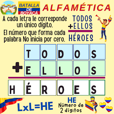 ALFAMÉTICA PATRIA Batalla de Boyacá, 7 de agosto, Independencia de Colombia, Desafío matemático, Reto matemático, Problema matemático, Problema de lógica, Acertijos, Retos visuales, Retos mentales, Retos virales, Alfamética, CriptoAritmética, Suma de letras, Suma de Palabras, CriptoSuma, CriptoGrama