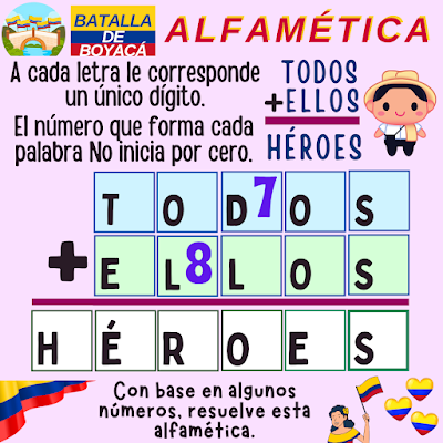 ALFAMÉTICAS Batalla de Boyacá, 7 de agosto, Independencia de Colombia, Desafío matemático, Reto matemático, Problema matemático, Problema de lógica, Acertijos, Retos visuales, Retos mentales, Retos virales, Alfamética, CriptoAritmética, Suma de letras, Suma de Palabras, CriptoSuma, CriptoGrama