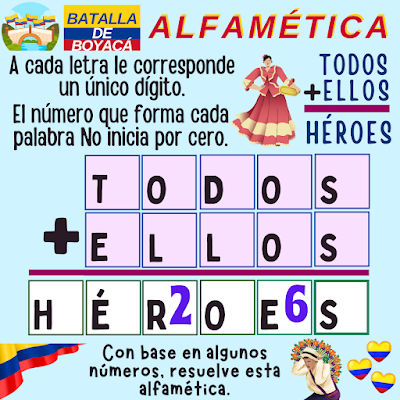 ALFAMÉTICAS Batalla de Boyacá, 7 de agosto, Independencia de Colombia, Desafío matemático, Reto matemático, Problema matemático, Problema de lógica, Acertijos, Retos visuales, Retos mentales, Retos virales, Alfamética, CriptoAritmética, Suma de letras, Suma de Palabras, CriptoSuma, CriptoGrama