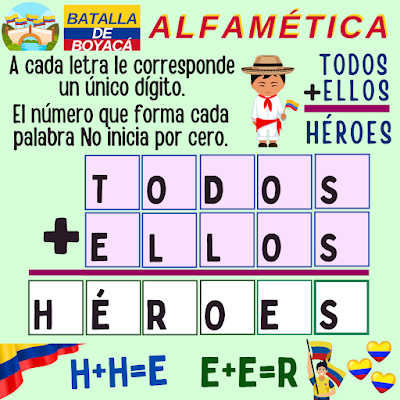 ALFAMÉTICAS Batalla de Boyacá, 7 de agosto, Independencia de Colombia, Desafío matemático, Reto matemático, Problema matemático, Problema de lógica, Acertijos, Retos visuales, Retos mentales, Retos virales, Alfamética, CriptoAritmética, Suma de letras, Suma de Palabras, CriptoSuma, CriptoGrama