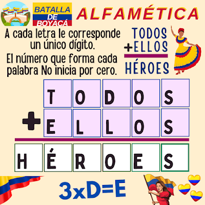 ALFAMÉTICAS Batalla de Boyacá, 7 de agosto, Independencia de Colombia, Desafío matemático, Reto matemático, Problema matemático, Problema de lógica, Acertijos, Retos visuales, Retos mentales, Retos virales, Alfamética, CriptoAritmética, Suma de letras, Suma de Palabras, CriptoSuma, CriptoGrama