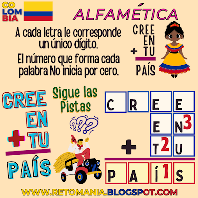 Desafío matemático, Problema matemático, Reto matemático, Retos visuales, Retos mentales, Retos virales, Juegos mentales, Reto mental, Independencia, Independencia de Colombia, Fiestas Patrias, Día de la Independencia, Alfamética, CriptoAritmética, CriptoSuma, CriptoGrama, Suma de palabras, Suma de letras
