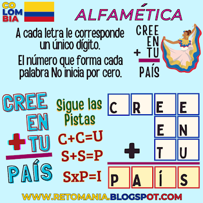 Desafío matemático, Problema matemático, Reto matemático, Retos visuales, Retos mentales, Retos virales, Juegos mentales, Reto mental, Independencia, Independencia de Colombia, Fiestas Patrias, Día de la Independencia, Alfamética, CriptoAritmética, CriptoSuma, CriptoGrama, Suma de palabras, Suma de letras