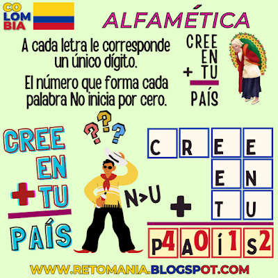 Desafío matemático, Problema matemático, Reto matemático, Retos visuales, Retos mentales, Retos virales, Juegos mentales, Reto mental, Independencia, Independencia de Colombia, Fiestas Patrias, Día de la Independencia, Alfamética, CriptoAritmética, CriptoSuma, CriptoGrama, Suma de palabras, Suma de letras