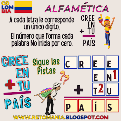 Desafío matemático, Problema matemático, Reto matemático, Retos visuales, Retos mentales, Retos virales, Juegos mentales, Reto mental, Independencia, Independencia de Colombia, Fiestas Patrias, Día de la Independencia, Alfamética, CriptoAritmética, CriptoSuma, CriptoGrama, Suma de palabras, Suma de letras
