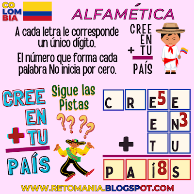 Desafío matemático, Problema matemático, Reto matemático, Retos visuales, Retos mentales, Retos virales, Juegos mentales, Reto mental, Independencia, Independencia de Colombia, Fiestas Patrias, Día de la Independencia, Alfamética, CriptoAritmética, CriptoSuma, CriptoGrama, Suma de palabras, Suma de letras